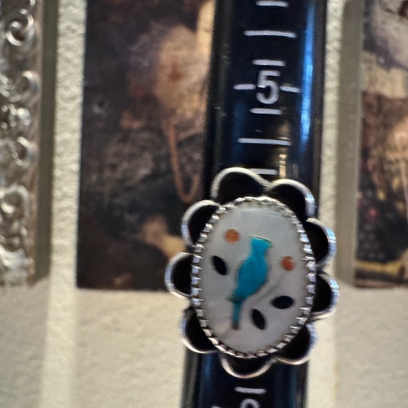 Vintage Zuni Turquoise Bird Inlay Ring – Size 6.5 – Sterling Silver – Signed “T” - Picture 3 of 12